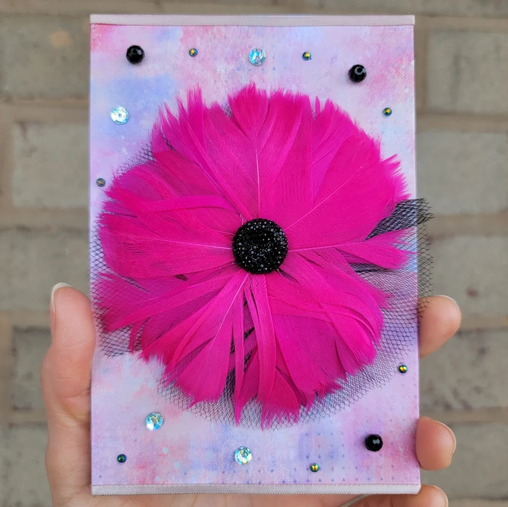 Hot Pink Feather Flower Wall Art 6x4 Handmade Glam Office Decor Rhinestone Art